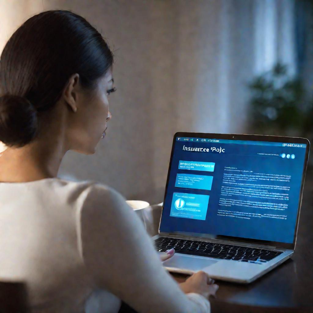 Женщина сидит за ноутбуком в полумраке комнаты, на экране виден сайт медицинского страхования
