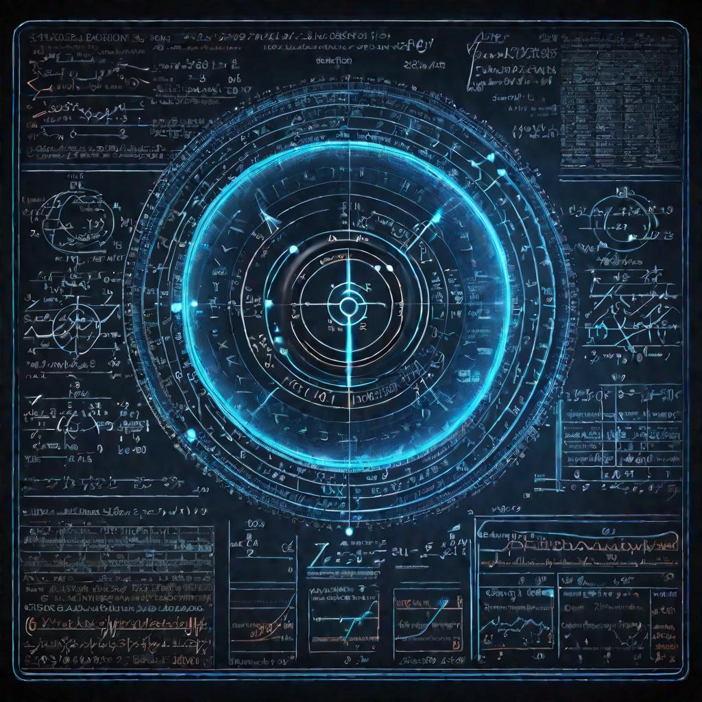 Крупный план математической формулы на классной доске. Формулы и уравнения очень детализированные и сложные, светятся неоново голубым и пульсируют. Вокруг них нарисованы орбитальные диаграммы со стрелками.