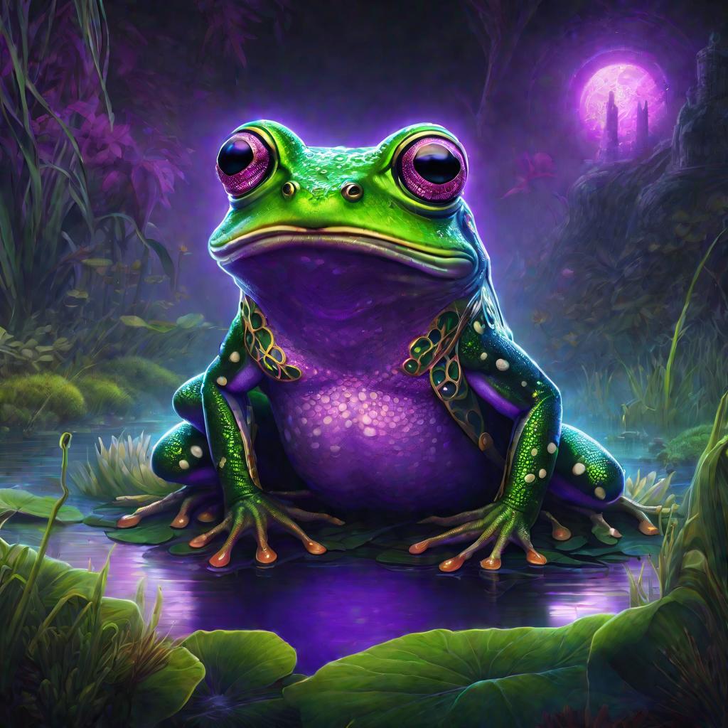 Подробная иллюстрация лягушки похожей на Пепе в свечении болота.