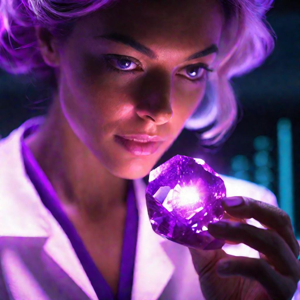 Ученый держит фиолетовый кристалл
