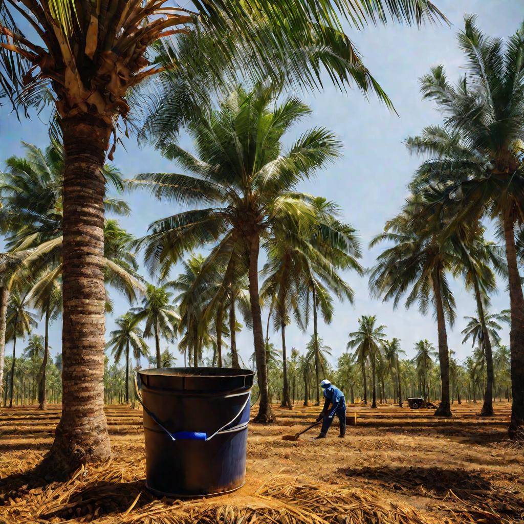 Рабочий на плантации пальмовых деревьев в жаркий летний день собирает пальмовое масло - сырье для производства гексановой кислоты
