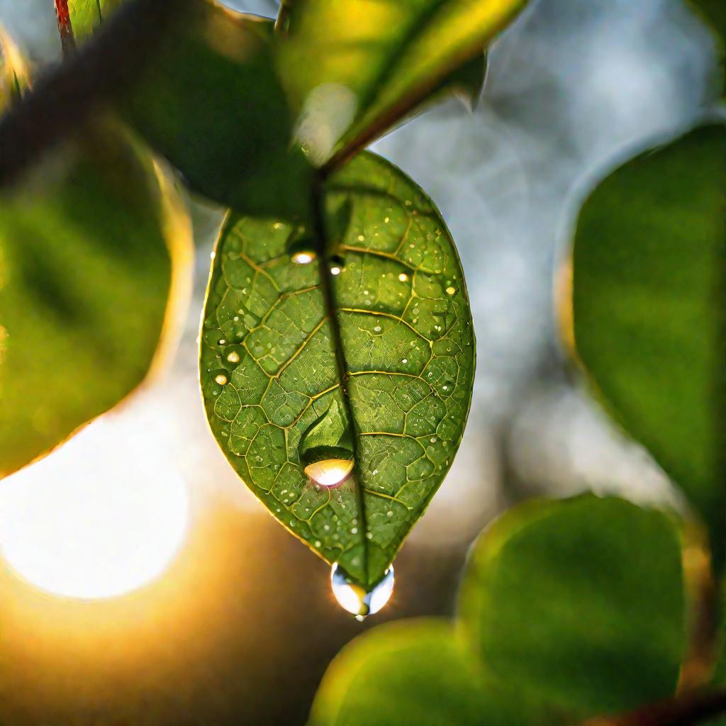 Капля воды на листке на рассвете