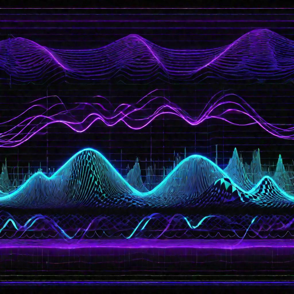 Яркое футуристическое изображение тригонометрических функций в виде волн на экране осциллографа
