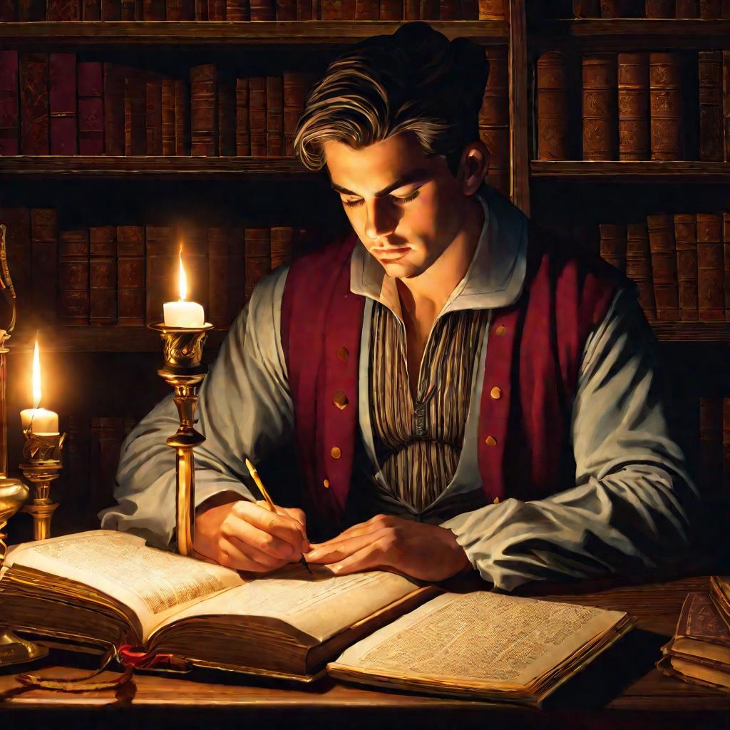 Крупный план сосредоточенного студента в библиотеке, интенсивно изучающего старинные рукописи и делающего заметки при свечах поздно ночью.