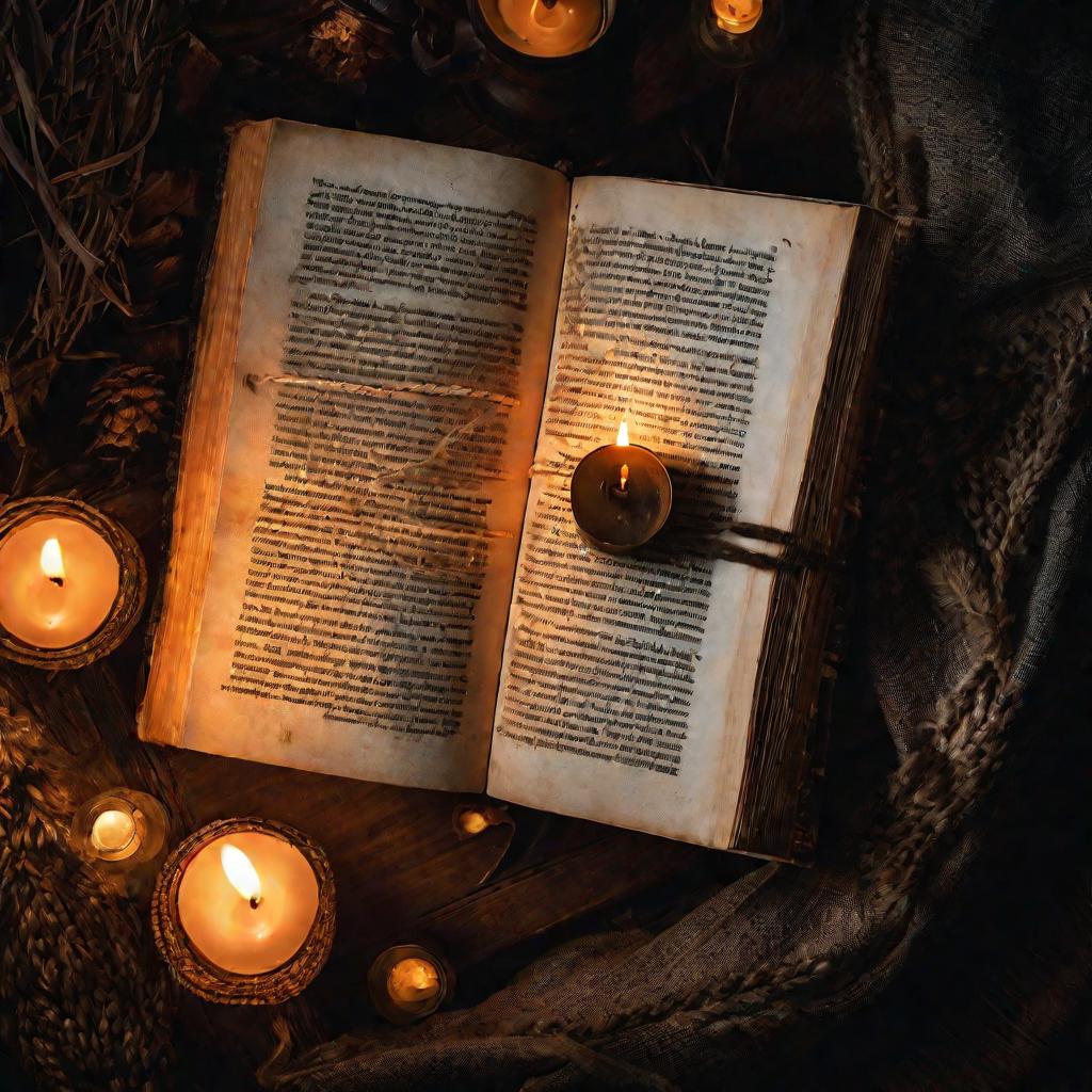 Вид сверху на открытую старую книгу со сложными текстовыми деталями и горящей свечой, стоящей на деревянном столе в темной комнате в бурю зимней ночью.