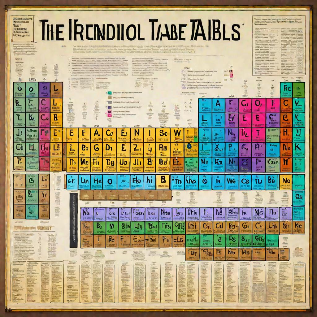 Периодическая таблица Менделеева с яркими цветами, много деталей