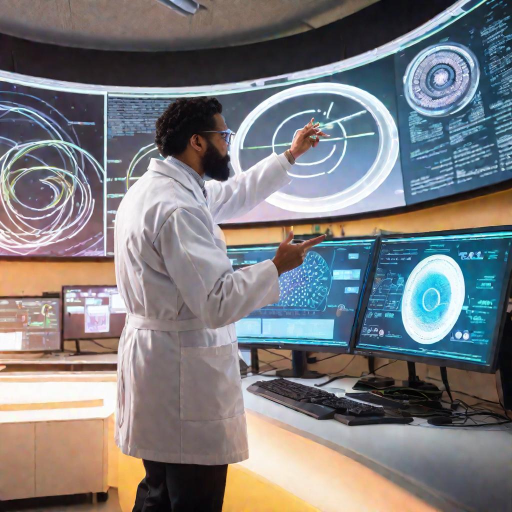 Весенний солнечный день за окном лаборатории. Ученый показывает на монитор с изображением движения заряженных частиц в магнитном поле