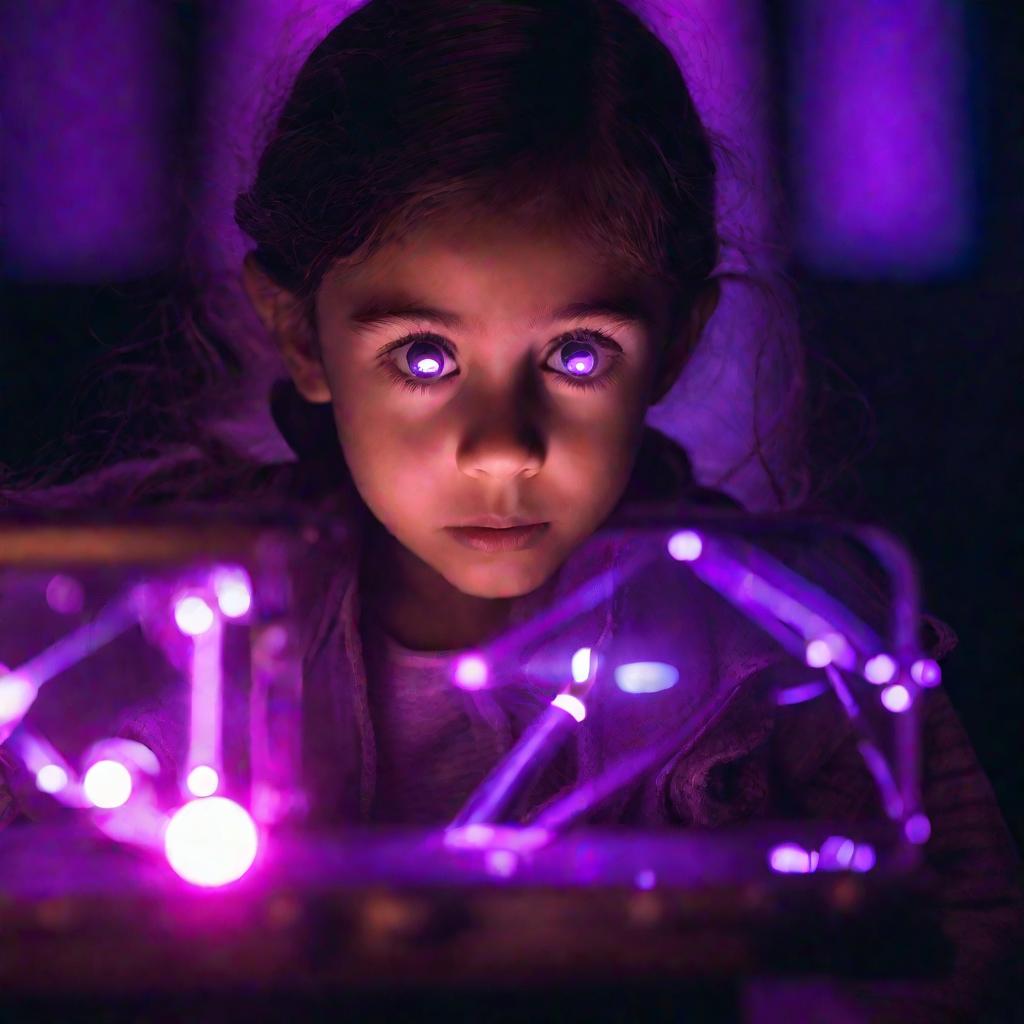 Девочка изучает самодельный электроскоп, испускающий фиолетовое свечение