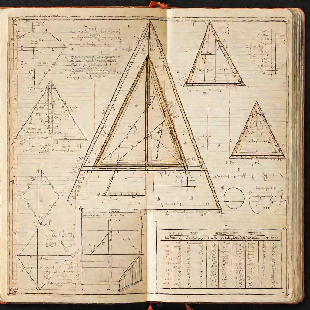 Тетрадный лист с формулами и чертежами треугольников