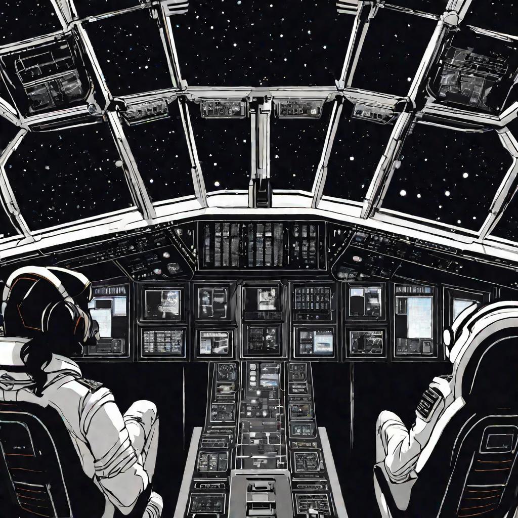 Вид космического корабля изнутри с женщиной пилотом и вторым пилотом, готовыми к гиперпрыжку по звездной дороге