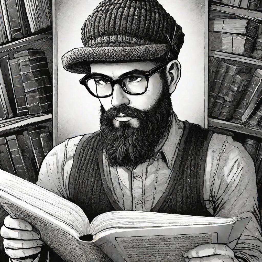 Портрет задумчивого бородатого мужчины в очках и вязаной шапке, смотрящего на страницу реестра с наброском логотипа R