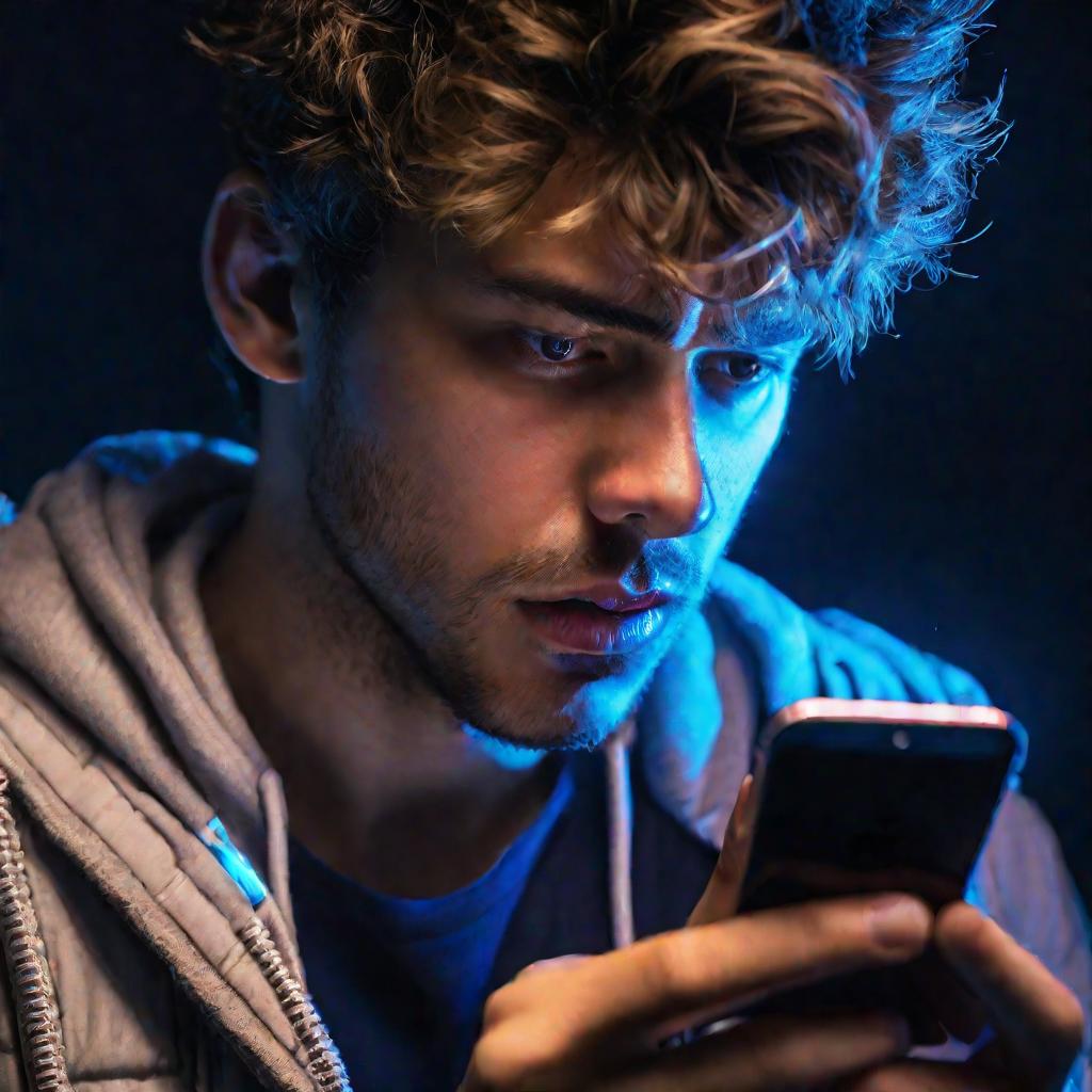 Крупный план портрета стрессованного молодого человека с всклокоченными волосами и синяками под глазами, освещенного синим светом экрана смартфона в темной комнате поздно ночью. Он сосредоточен на телефоне с нахмуренными бровями, выглядит смущенным и разд
