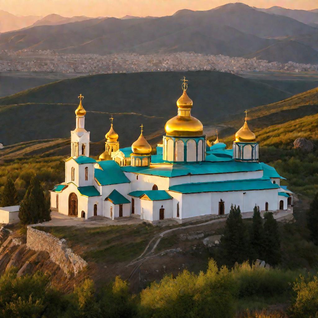 Православный монастырь на холме на закате дня. Монахи в черных рясах идут по тропинкам между зданиями с луковичными куполами.