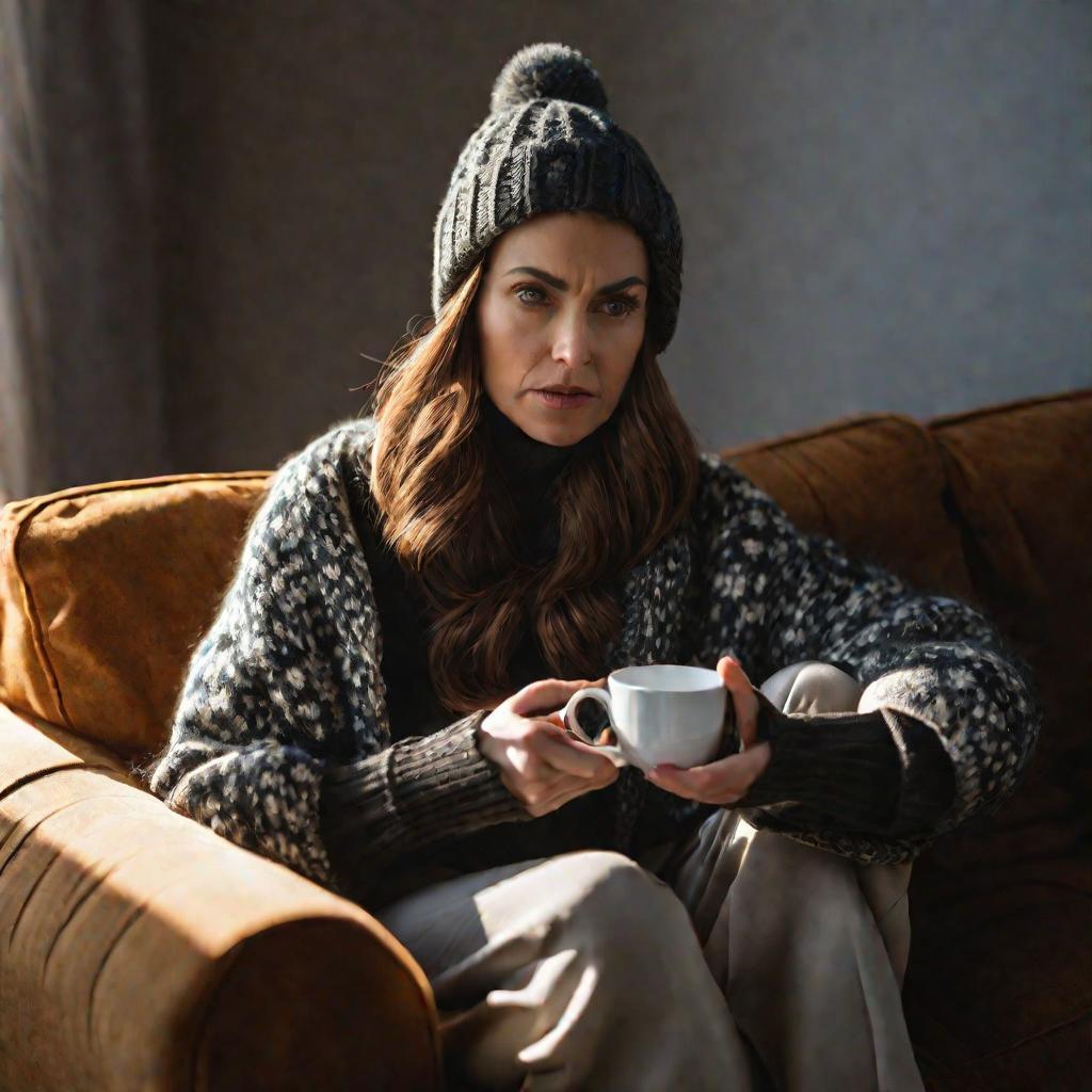 Портрет расстроенной женщины греющей руки чаем в холодной квартире