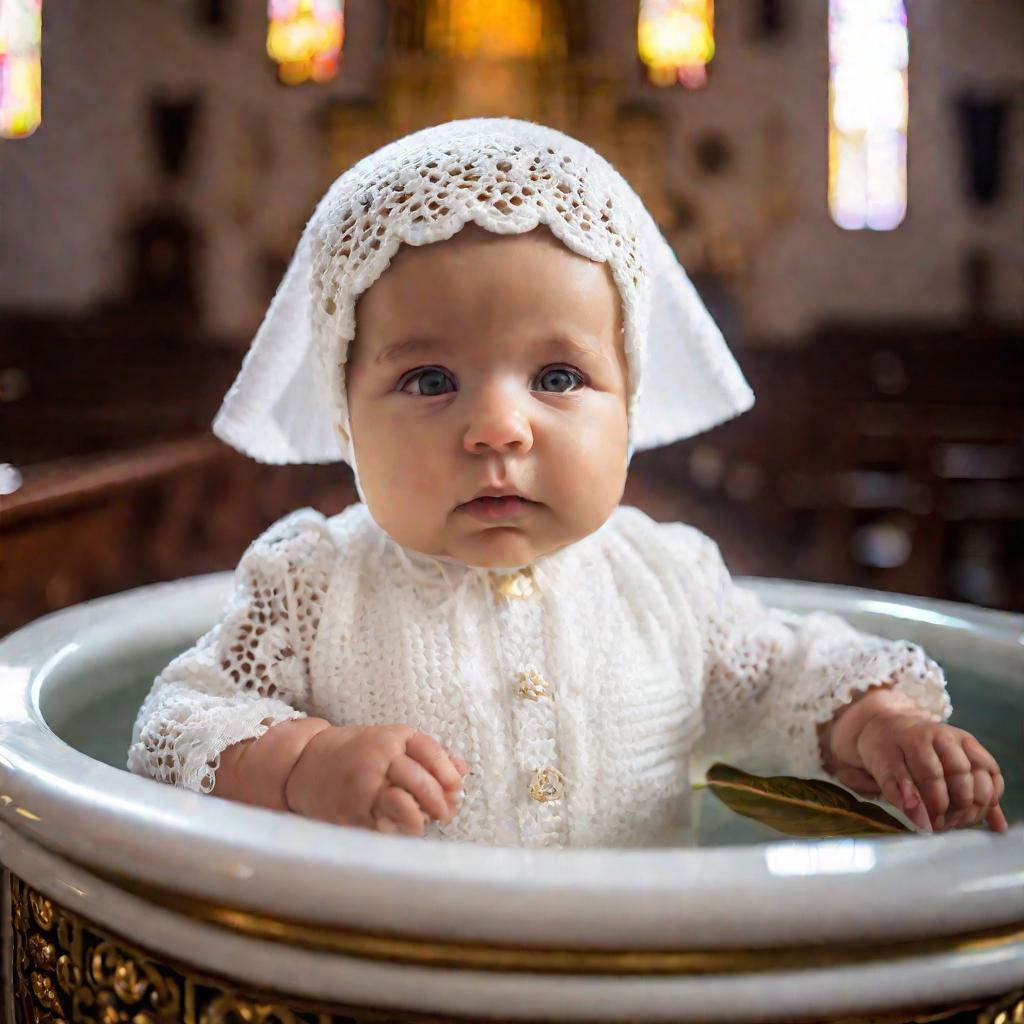 Младенец в крещальной одежде над купелью