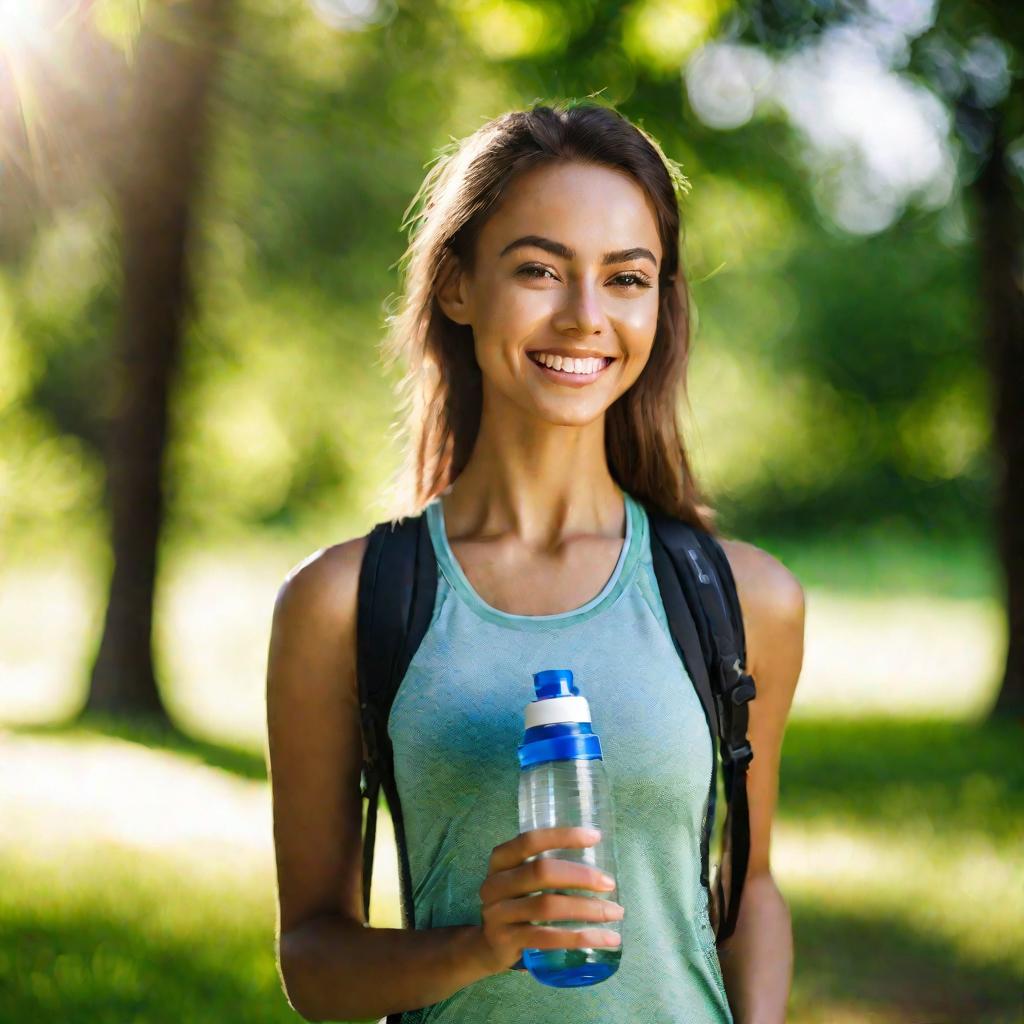 Портрет стройной девушки с бутылкой воды на фоне парка