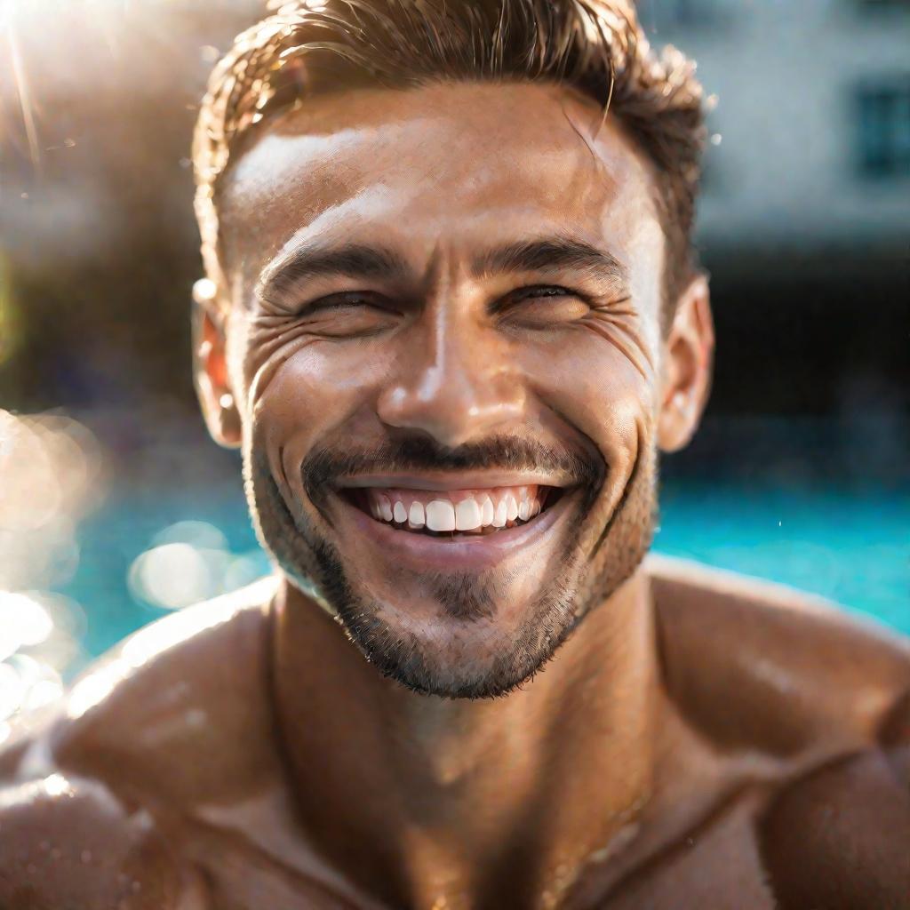 Мужчина вылезает из бассейна с улыбкой