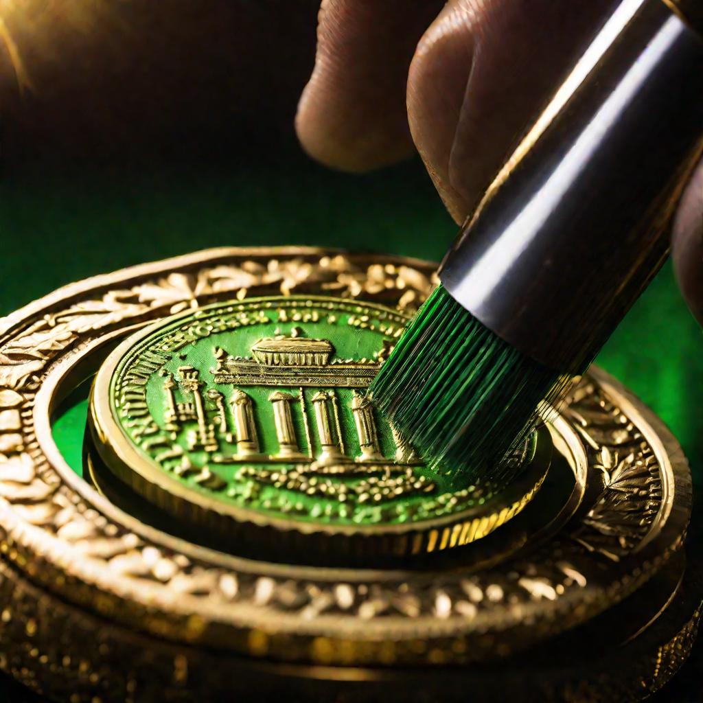 Драматичный крупный план старинной золотой монеты во время чистки мягкой щеточкой, зеленая коррозия удаляется, открывая блеск золота