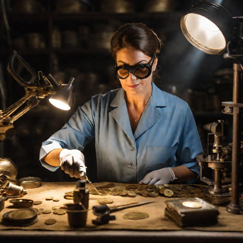 Портретный снимок женщины-реставратора в мастерской музея за чисткой старинной монеты, используя увеличительные очки и хирургические инструменты