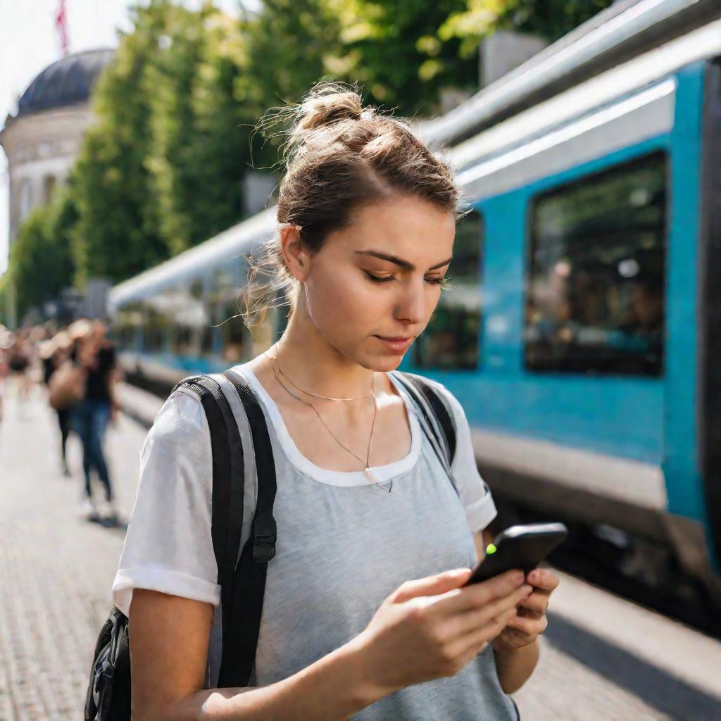 Девушка проверяет расписание поездов в приложении на смартфоне на улице Берлина