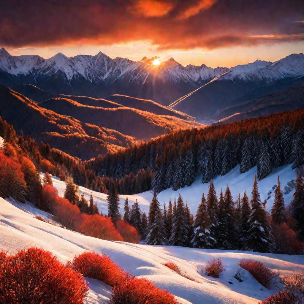 Зимний пейзаж с заснеженными горами на закате солнца
