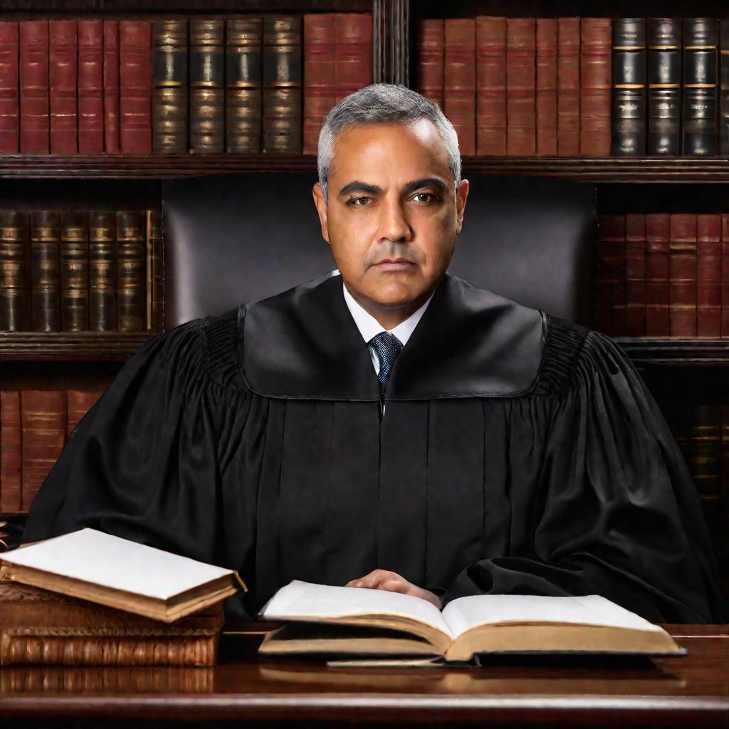 Портрет судьи в мантии на рабочем месте в зале суда
