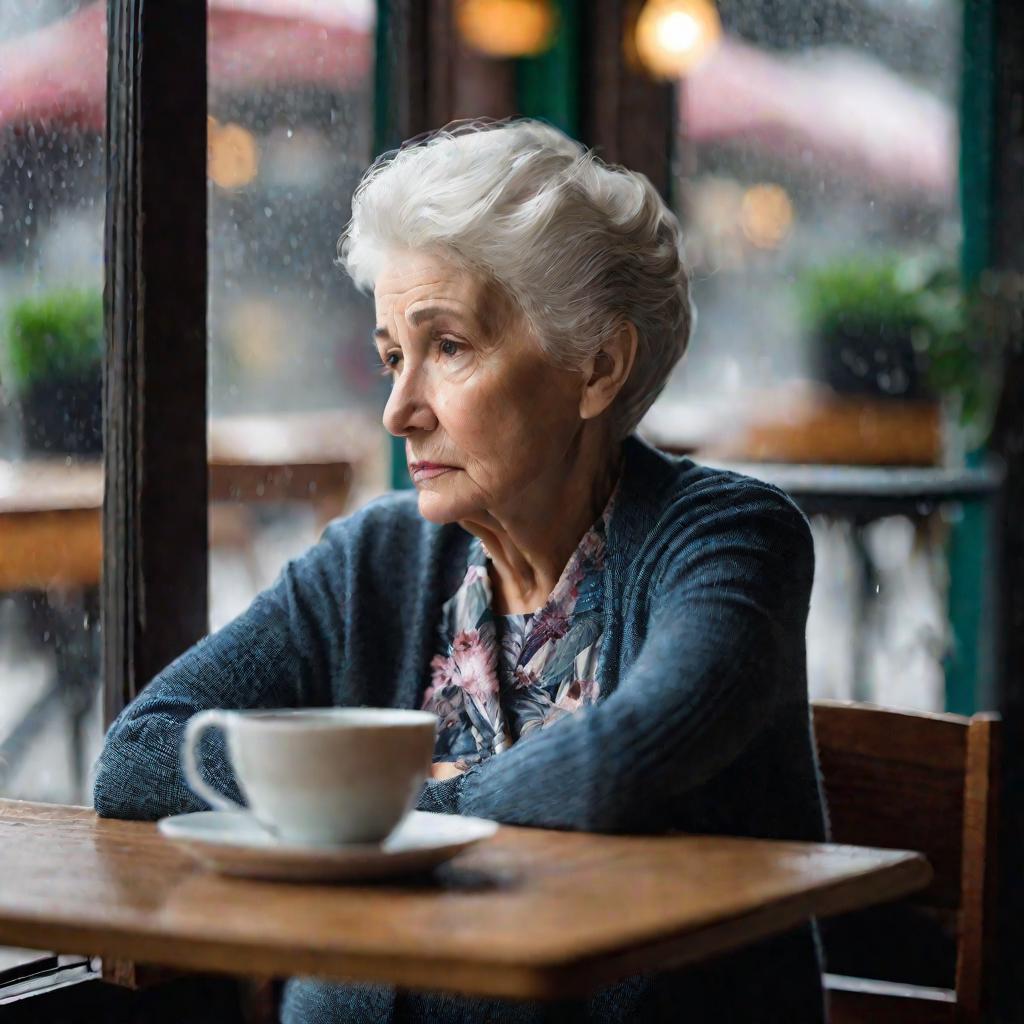 Портрет одинокой пожилой женщины в кафе в пасмурный день