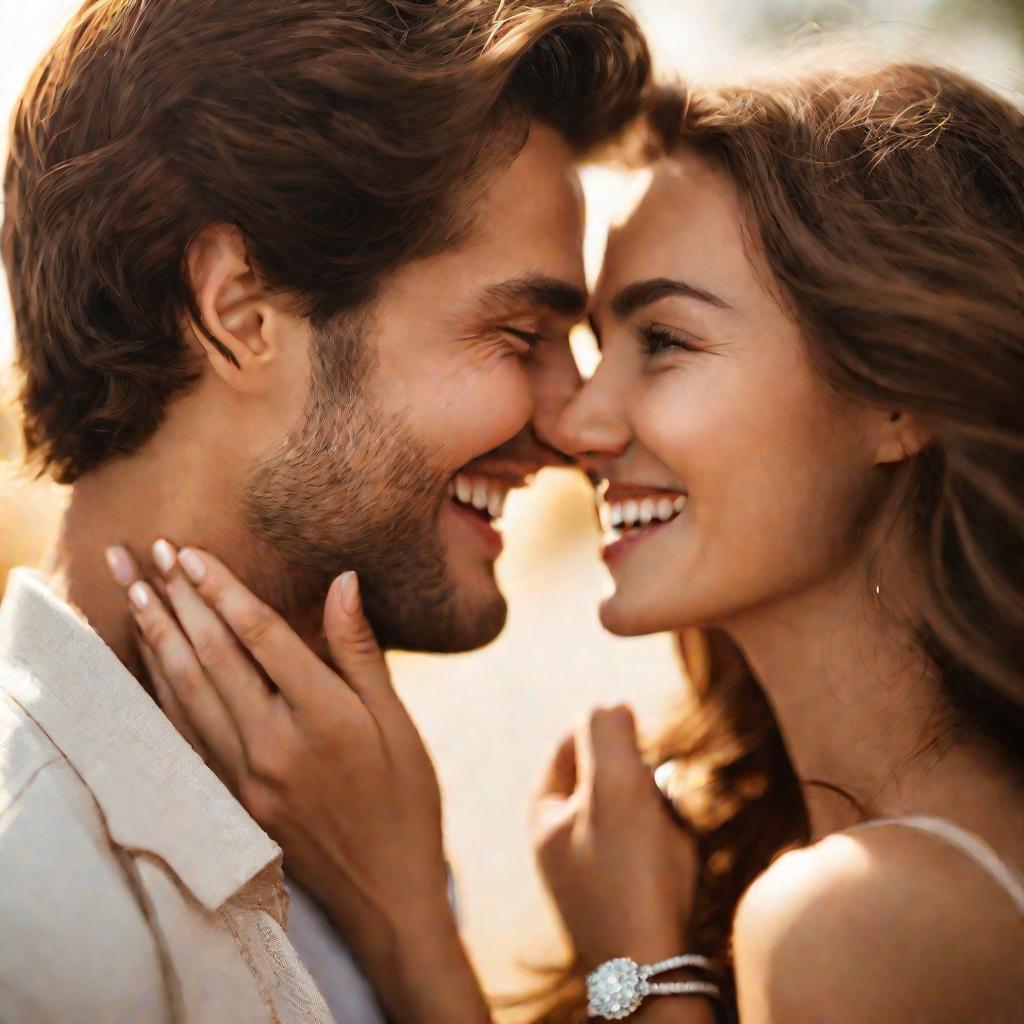 Крупный план счастливой молодой пары, смотрящей друг другу в глаза, мужчина держит бриллиантовое кольцо, делая предложение руки и сердца