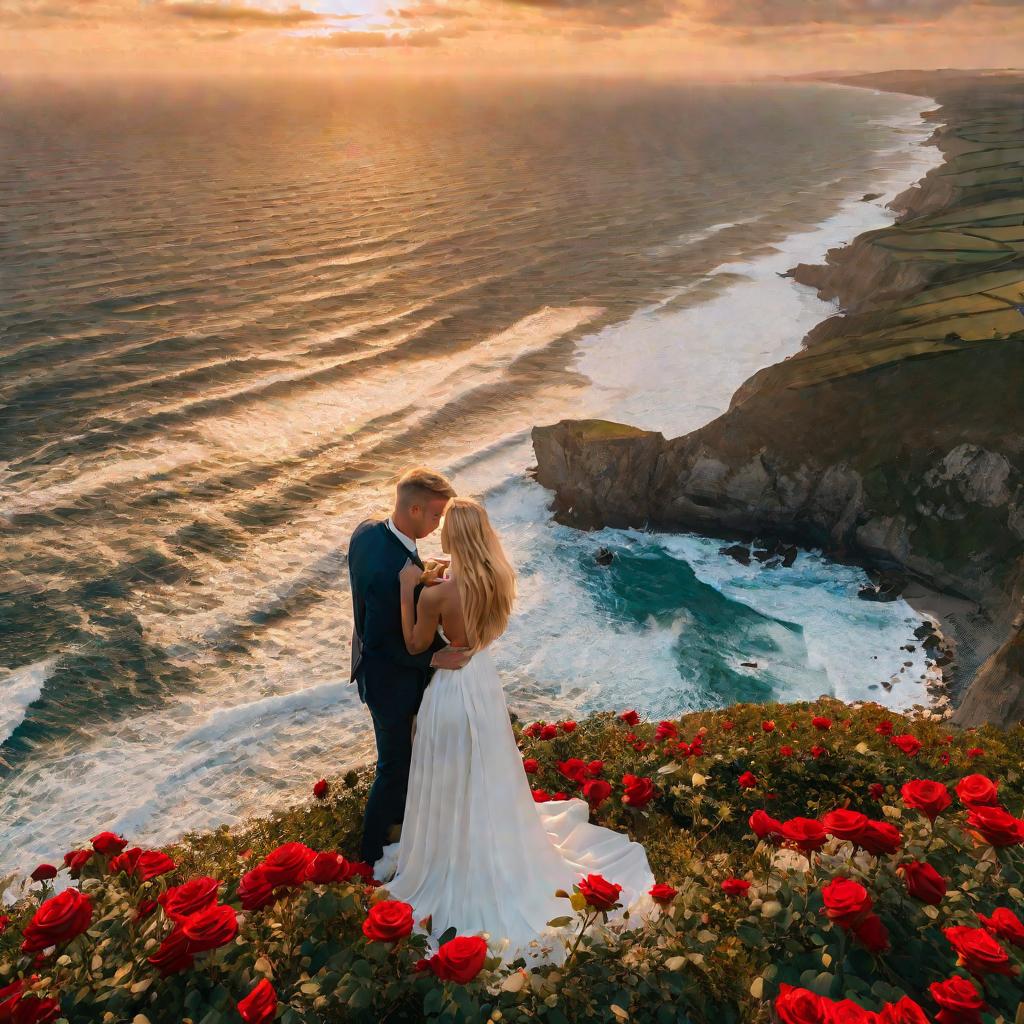 Пара на обрыве над океаном во время заката, мужчина делает предложение руки и сердца возлюбленной, держа букет красных роз