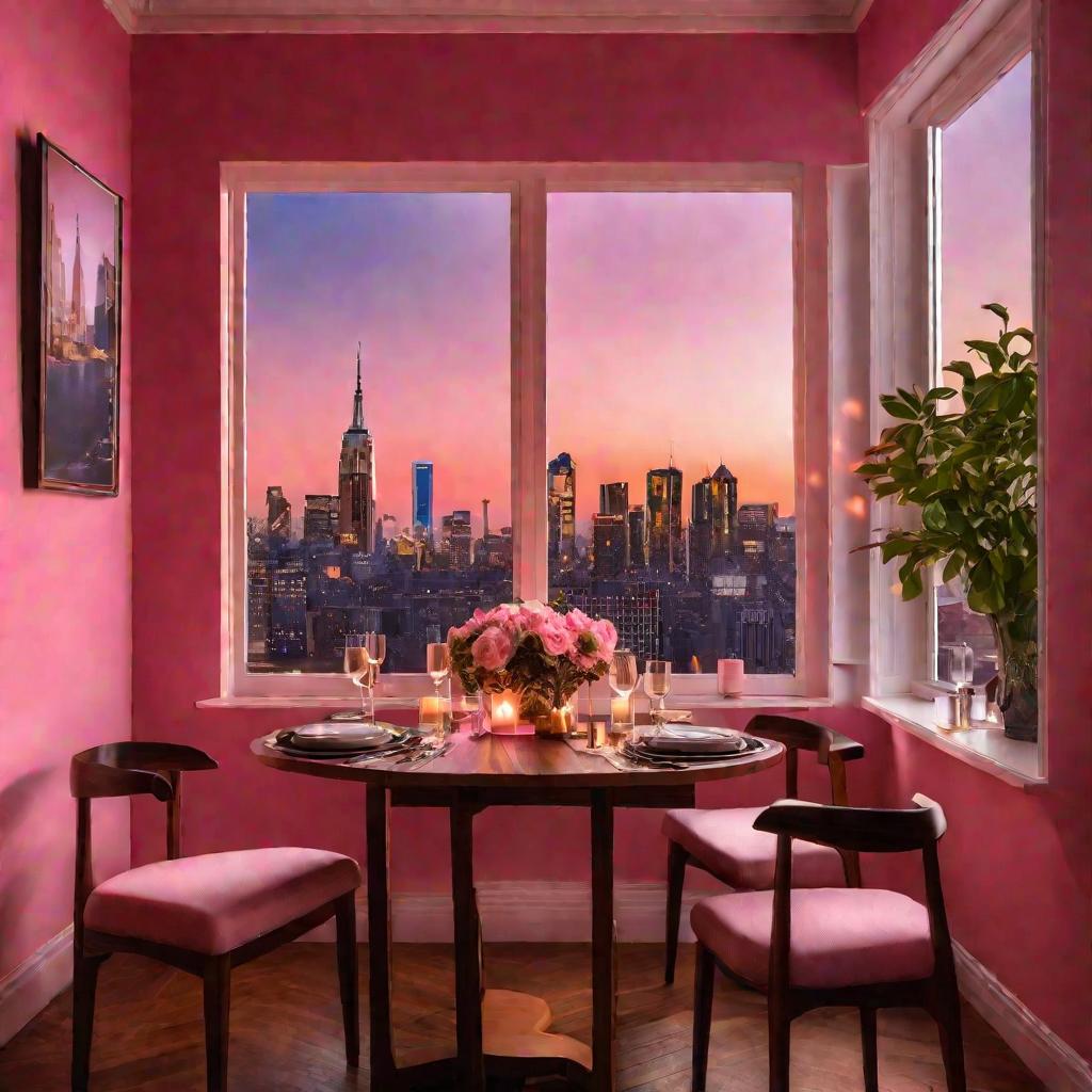 Уютная обеденная комната с розовыми стенами, украшенными фотографиями пар и картинами. Комната освещена свечами и теплым светом. Элегантный деревянный стол сервирован с цветами, ужином и двумя бокалами вина для романтического ужина. За окном виден ночной 