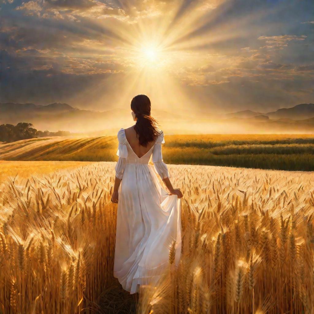 Женщина молится в поле на рассвете