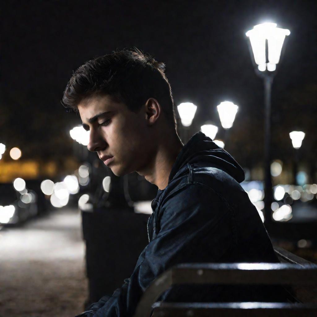 Портрет грустного молодого человека ночью на скамейке