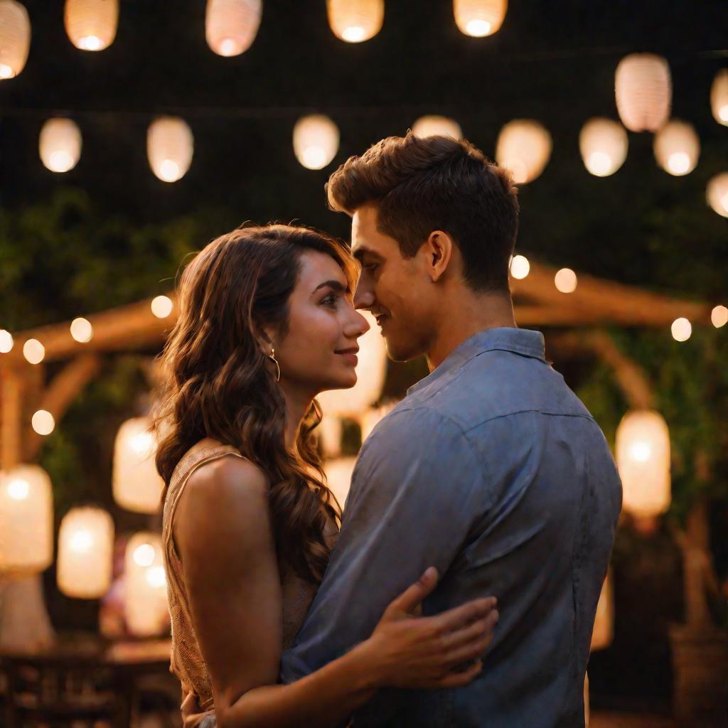 Парень и девушка танцуют на террасе при свечах на закате