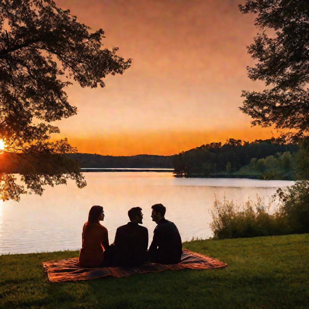 Пара сидит на покрывале на холме с видом на озеро на закате