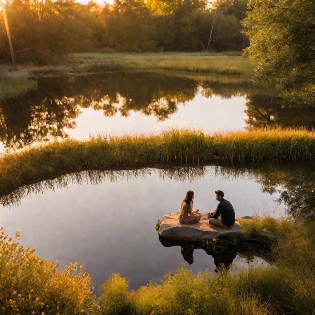 Парень и девушка держатся за руки на фоне пруда в утреннем солнечном свете