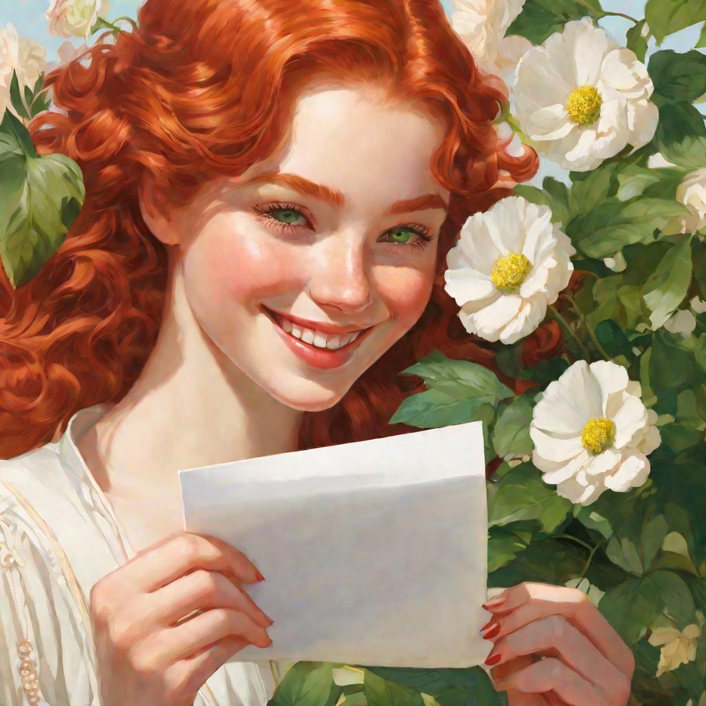 Девушка с цветком в волосах радостно улыбается, читая романтическое письмо
