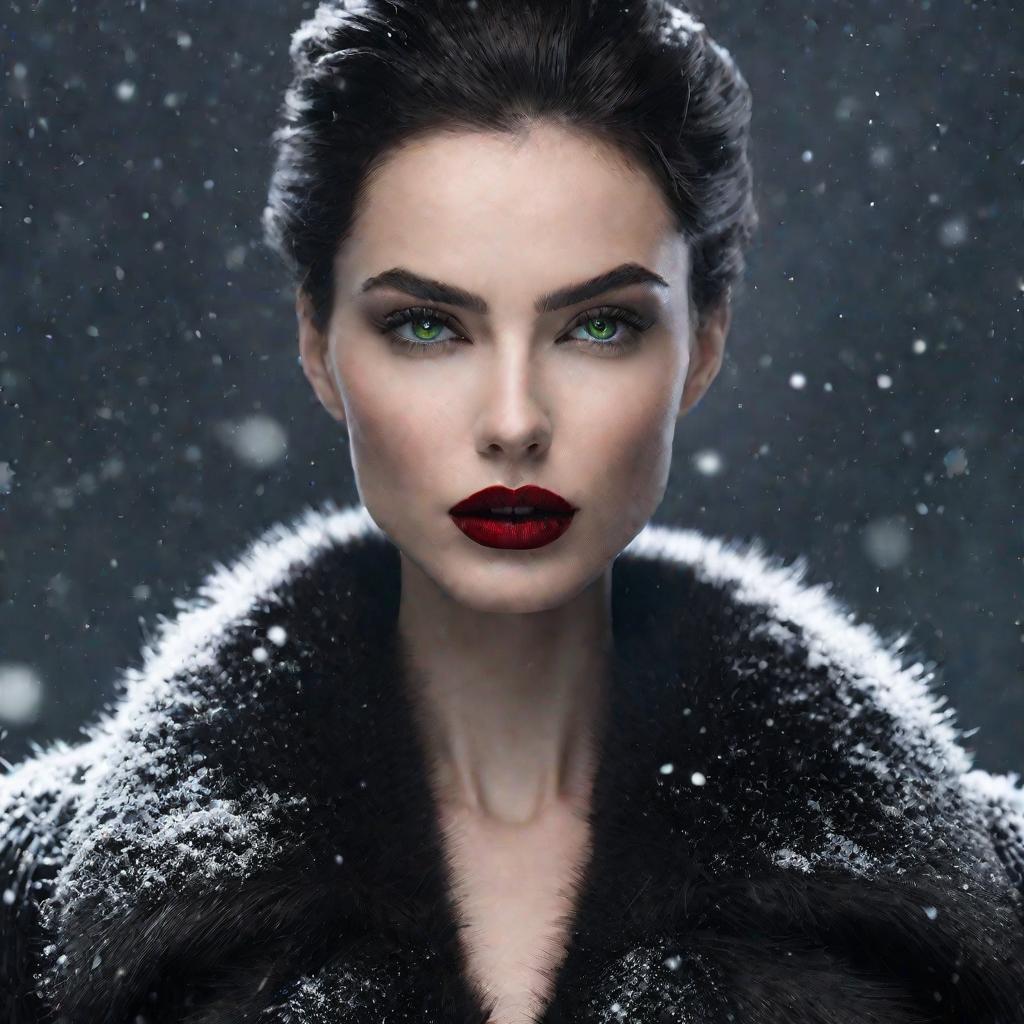 Портрет серьезной женщины в меховом пальто со снежинками на воротнике.