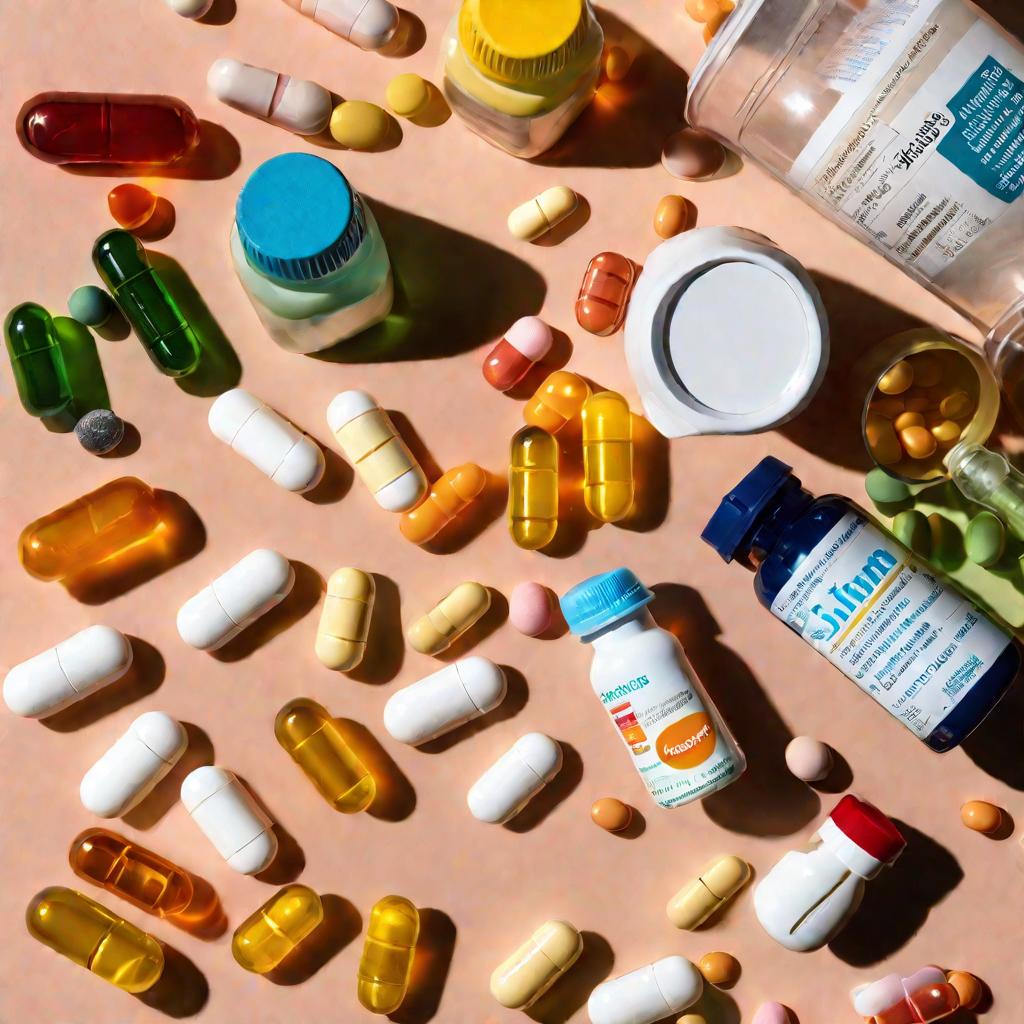 Лекарства и витамины на столе рядом с бутылочкой для кормления