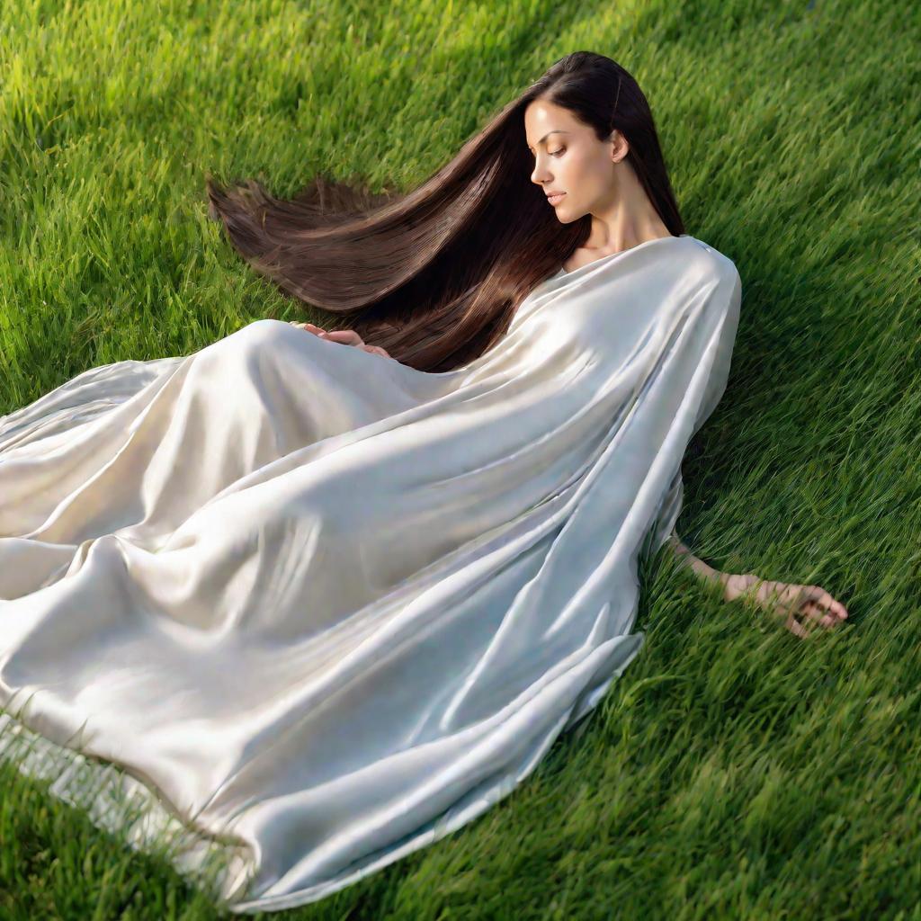 Женщина с очень длинными прямыми волосами сидит на траве в солнечный весенний день.