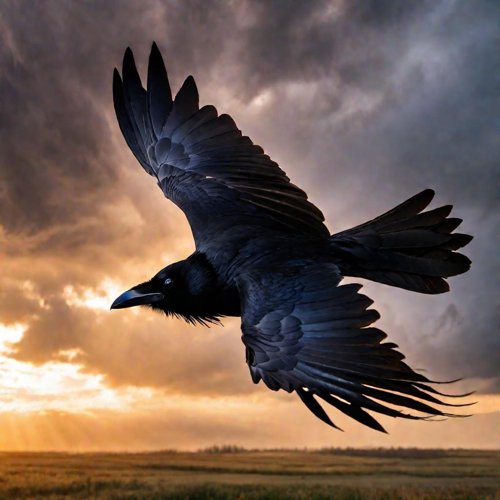 Агрессивная ворона стремительно пикирует с неба с раскрытыми когтями, нападая на зрителя. Лучи солнца пробиваются сквозь быстро движущиеся темные облака на закате.
