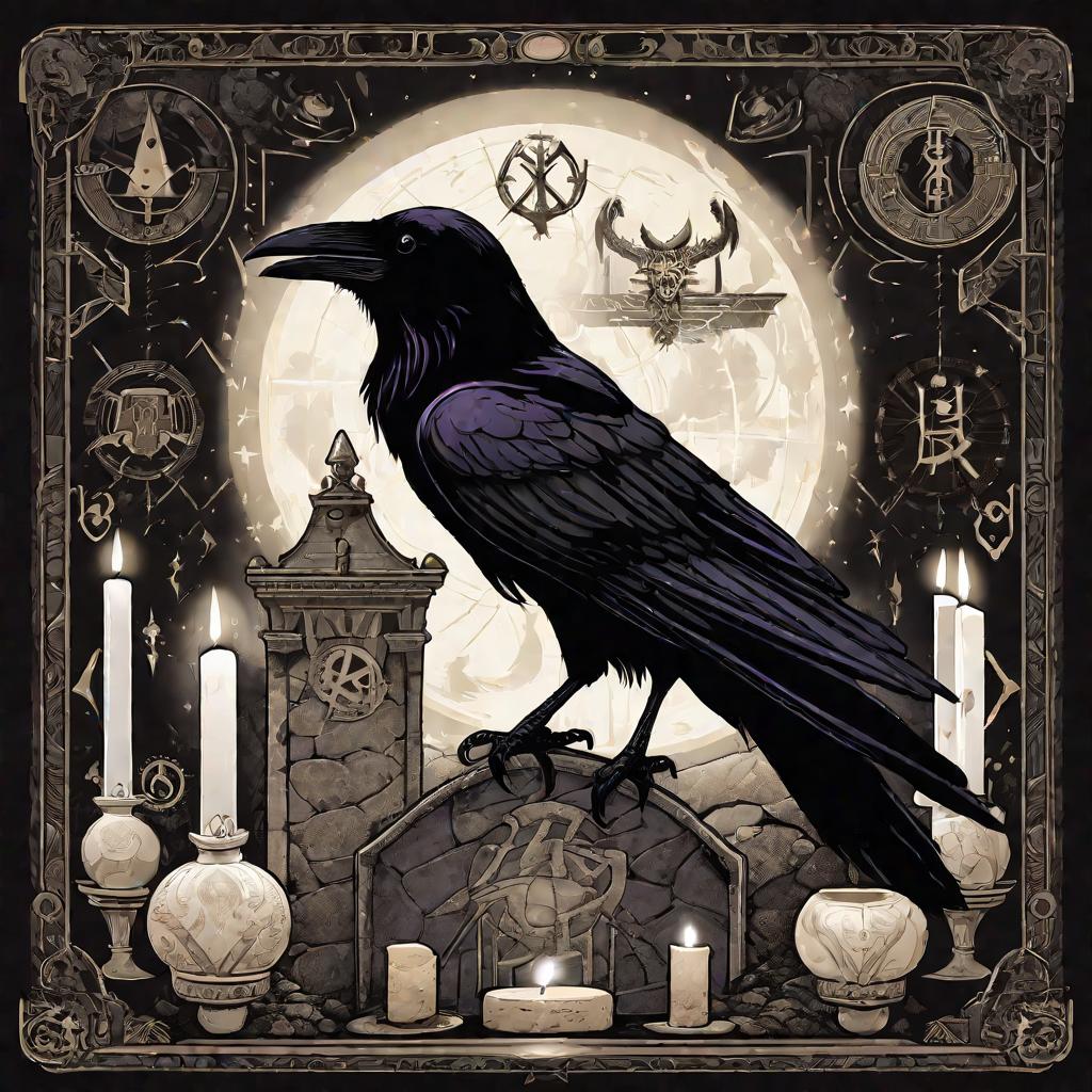 Таинственная сцена: ворона сидит на черепе, освещенная светом свечи, на фоне старой каменной стены, покрытой оккультными символами и рунами.
