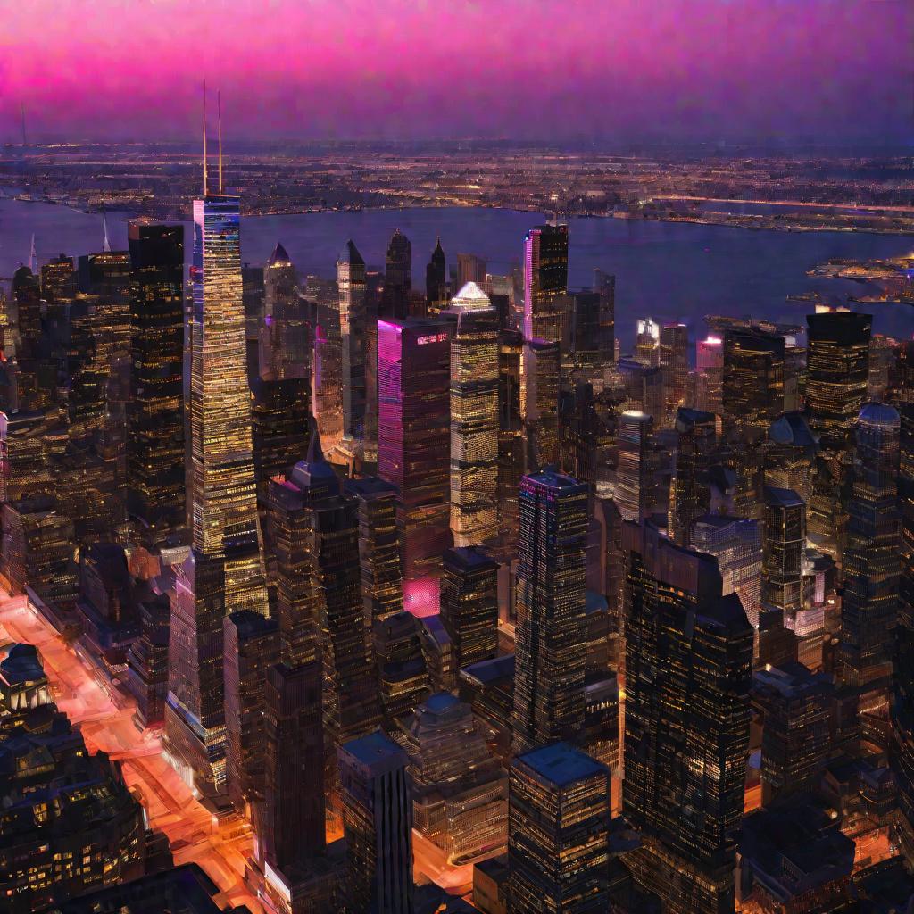 Широкий вид сверху на панораму центра оживленного мегаполиса, сверкающего на закате. На всем живописном кадре видны сияющие небоскребы, в бесчисленных окнах начинают загораться искрящиеся огни на фоне ярко-розового вечернего неба.