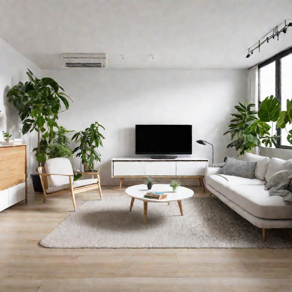 Светлая, ярко освещенная, полностью меблированная гостиная в современной квартире с белыми стенами, горшками с растениями, диваном и телевизором – идеальное место для отдыха небольшой семьи.