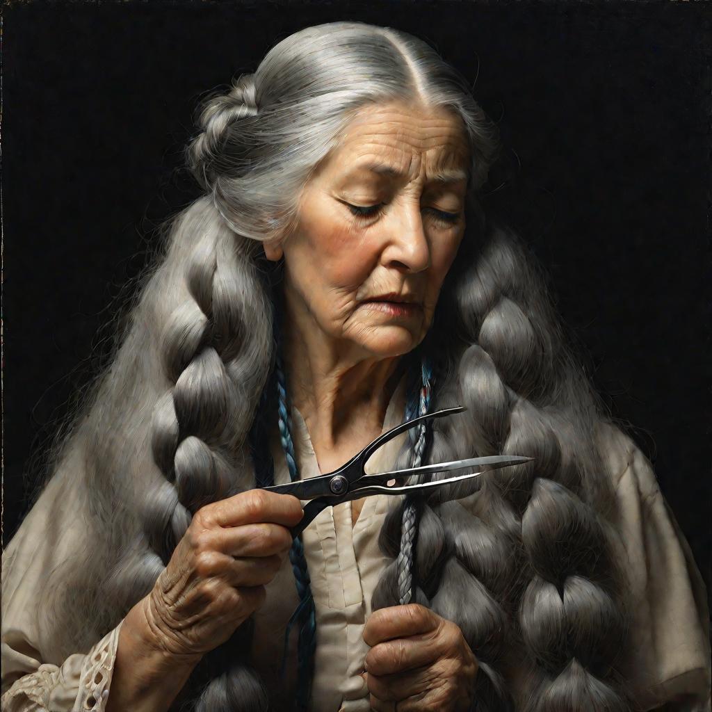 Пожилая женщина, готовая отрезать свою длинную седую косу