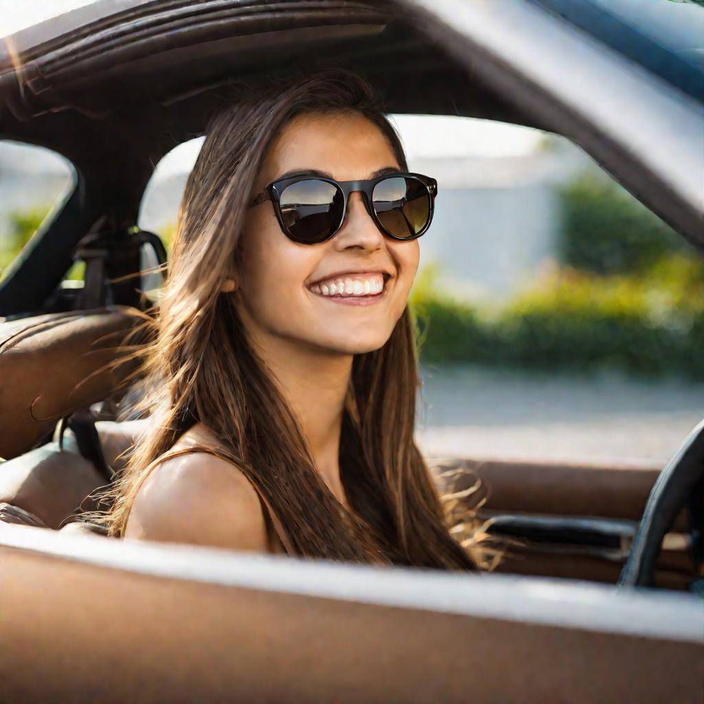 Крупный портрет молодой женщины за рулем автомобиля. У нее длинные каштановые волосы, на ней солнцезащитные очки. Фон размыт. Она смотрит в камеру и радостно улыбается.