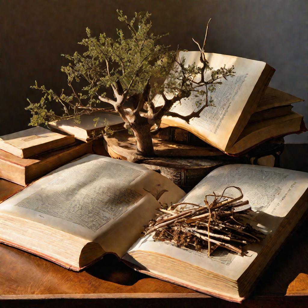 ветки деревьев разных пород лежат рядом с открытой старинной книгой