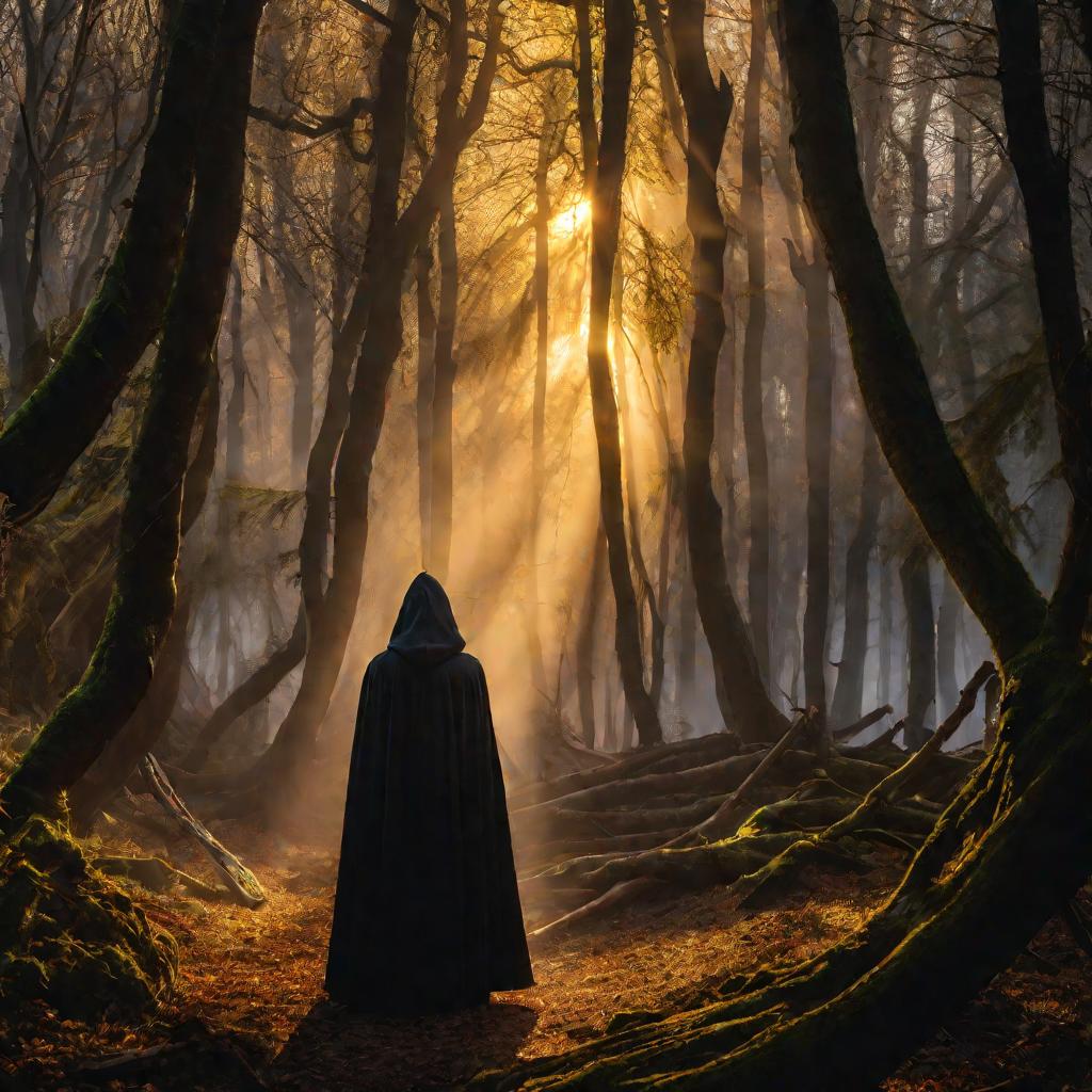 Таинственная фигура в лесу гадает на магических рунических палочках