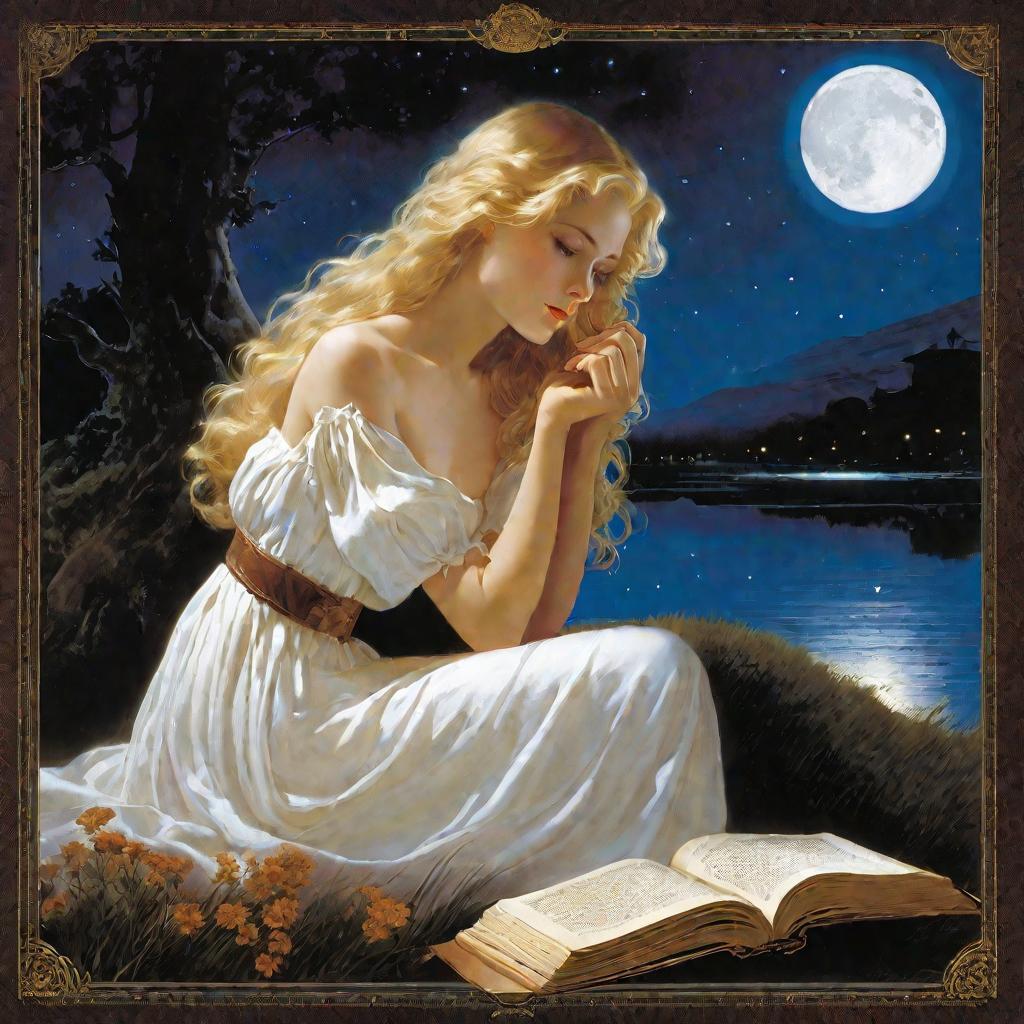Девушка держит книгу ведьм и вглядывается в нее при лунном свете