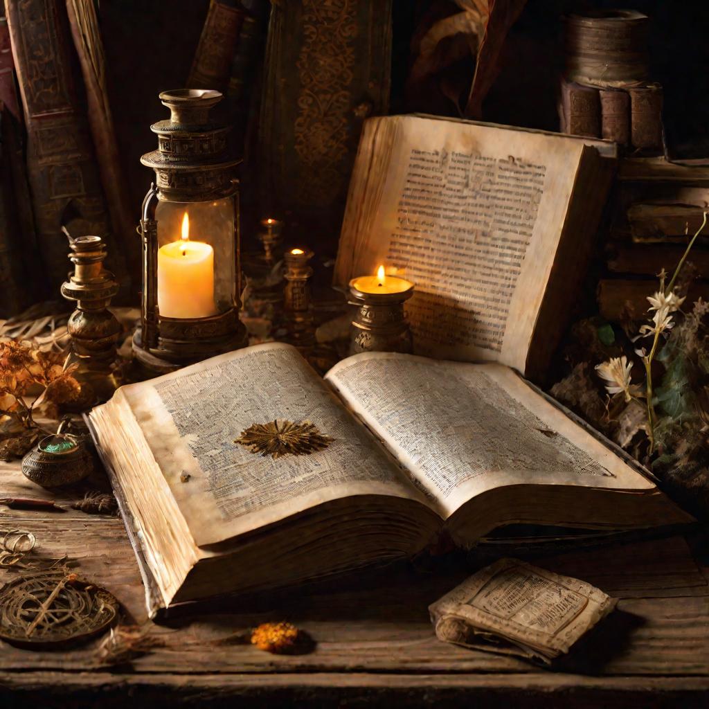 Открытая книга ведьм лежит на столе под лучами солнца