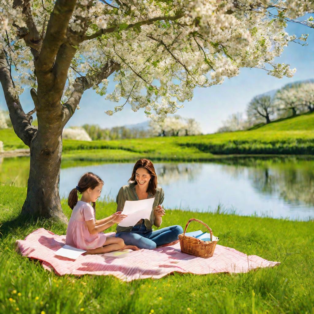 Мама и дочка сидят под деревом на пикнике весной